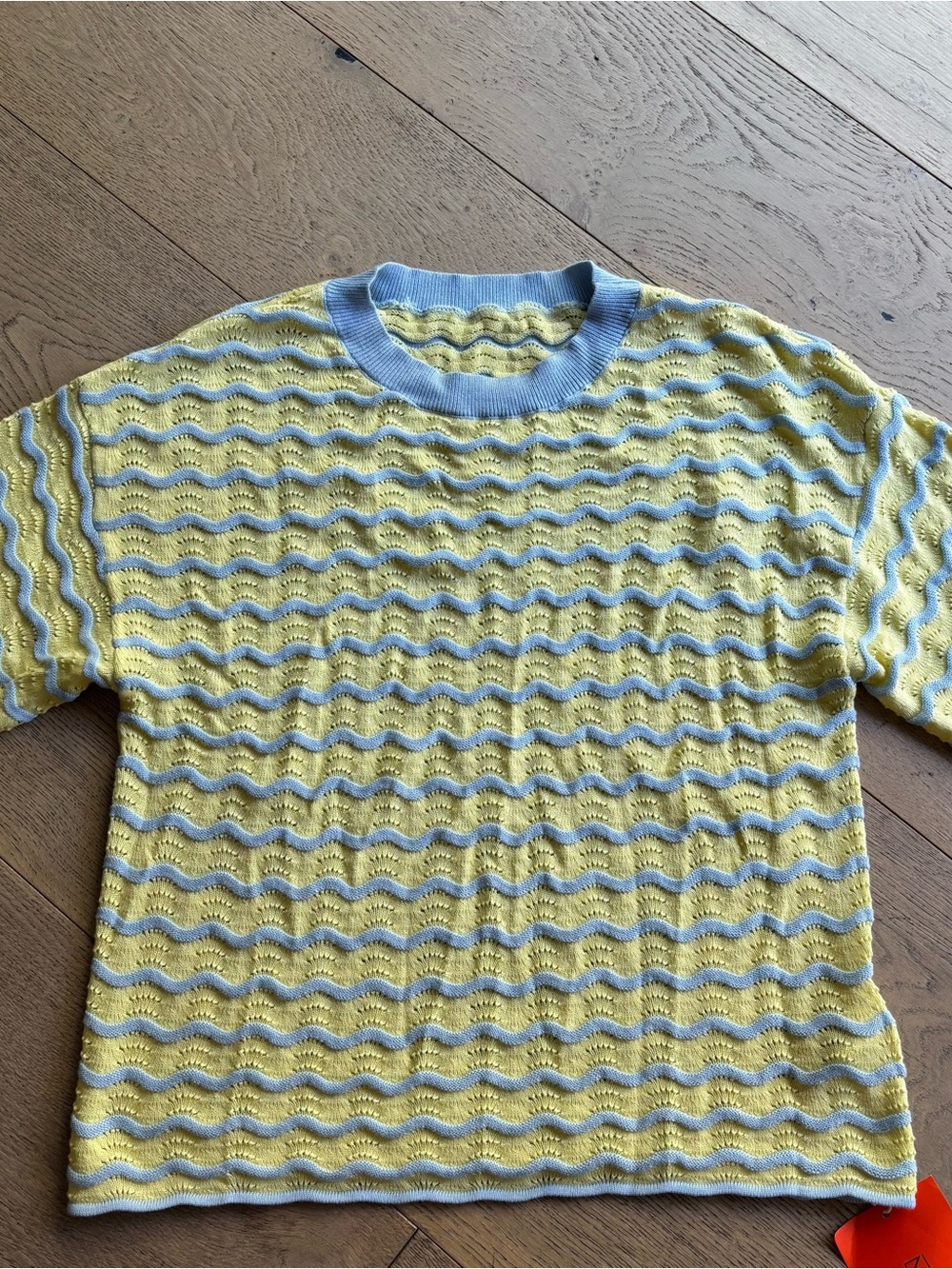 Light Blue & Yellow Wave Knit Short Sleeve Top